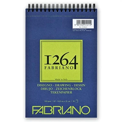 Imagen de Fabriano Honsell 19100645 Disegno Bloc de Dibujo con Espiral, 1264, 180 g/m², DIN A5, 30 Hojas Papel Satinado Grano Medio, sin ácidos, para Todas Las técnicas Secado, Blanco
