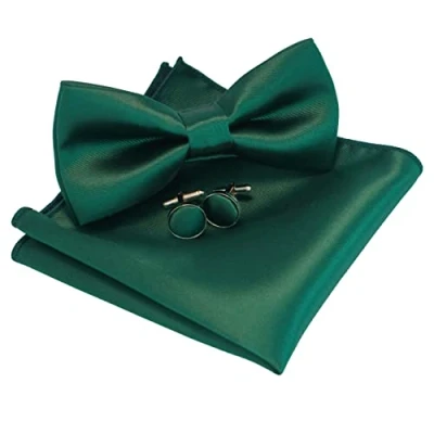 Imagen de JEMYGINS Conjunto de Pajarita y Pañuelo Sólido con Gemelos para Hombre Verde oscuro 5