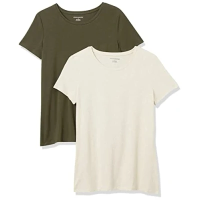 Imagen de Amazon Essentials Camiseta de Cuello Caja Manga Corta y Ajuste Clásico Mujer, Pack 2, Avena Mezcla/Verde Oliva, S