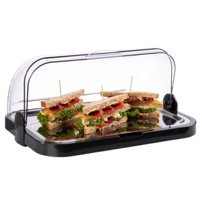 Imagen de Vitrina Buffet APS Capuchón abatible Transparente por Ambos Lados, un Cuenco, una Bandeja de Acero Inoxidable y Dos baterías refrigeración Fabricado en Alemania