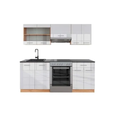 Imagen de Vicco Mueble de Cocina R Line, Blanco Brillo Intenso/Roble Dorado, 200 cm, ET Antracita