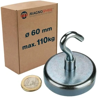 Imagen de Magnosphere Imán en recipiente con gancho Ø 60 mm, Neodimio fuerza 110 kg