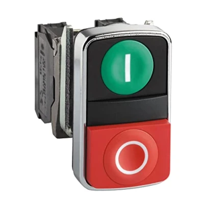 Imagen de Schneider XB4BL845 green flush/red projecting illuminated double headed pushbutton Ø22 1NO+1NC 24V
