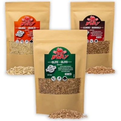 Imagen de BWAY Madera para Ahumador de Alimentos Profesional Olivo, Naranjo, Almendro (3x400 ml) Ebook Regalo con 20 Recetas Regalos Chefs Ideales Ahumar Carne, Pescado, Verduras y Còcteles