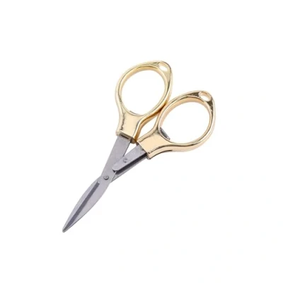 Imagen de Tijeras plegables Mini portátiles de acero inoxidable Llavero plegable pesca Paquete tarjetas blíster viaje (Oro)