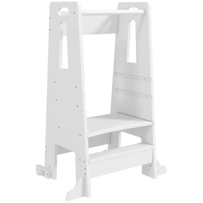 Imagen de AIYAPLAY Torre de Aprendizaje Taburete para Niños +3 Años con Pedal Altura Ajustable en 3 Niveles y Barrera Seguridad Baño Cocina 45x47,5x91 cm Blanco