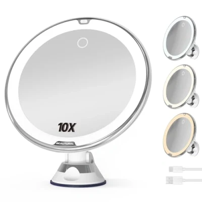 Imagen de Beautural Espejo Maquillaje con Luz, Aumento de 10x, Baño Luz LED Regulable en 3 Colores, Pantalla Táctil, Ventosa, Giratorio a 360, para Maquillaje, Afeitado y Viajes