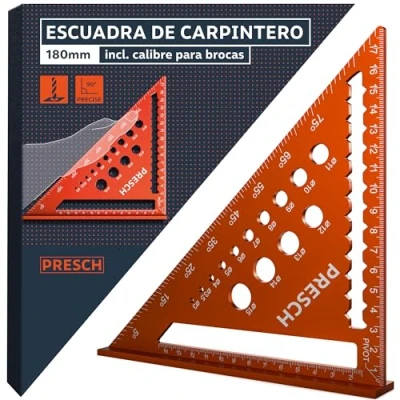 Imagen de Presch Escuadra Carpintero 180mm Calibre para brocas inteligente diámetros precisos Aluminio fresado de alta precisión ángulos 90 Recubrimiento resistente