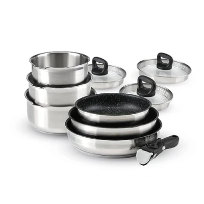 Imagen de Qulinart Batería de cocina inducción 10 piezas Set 3 sartenes, estufas antiadherentes, tapas y mango extraíble Acero inoxidable todo fuego plateado/negro