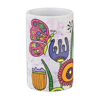 Imagen de Wenko Vaso para Cepillo de Dientes Rollin&#039;Art Full Bloom, Soporte cerámica, Impreso con el Colorido Motivo un Prado Flores, artículos higiene Dental, Ø 6,5 x 11 cm