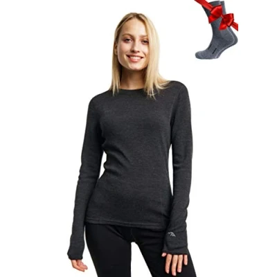 Imagen de Merino.tech Camiseta Lana Merino Mujer, Base Layer + Calcetines (XX Large, Charcoal Grey 250)