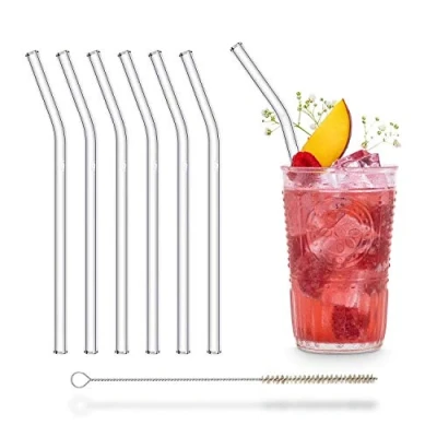 Imagen de HALM Pajitas curvadas de cristal reutilizables 6 x 20 cm + cepillo limpieza ecológico Apto para lavavajillas Sostenible vidrio batido, cóctel, smoothie