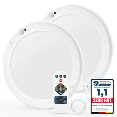 Imagen de Combuh Led Plafon Techo Bateria Sin Cables, Lampara Recargable con Sensor de Movimiento, mando, para Baño, Garaje, Terraza, Dormitorio, 2 Unidad