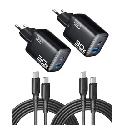 Imagen de INIU 30W Cargador USB C 2 Paquetes, [USBC + USBA] Puertos Tipo Enchufe Carga Rapida, Múltiple Cargadores Rápido Pared Adaptador para iPhone 16 15 Pro MAX Plus, iPad Air, Samsung S24