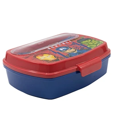 Imagen de Fiambrera rectangular para el almuerzo infantil con cubiertos de Los Vengadores Marvel
