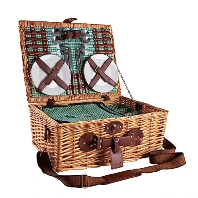 Imagen de eGenuss Cesta de Mimbre para Picnic 4 Personas con Correa Hombro Desmontable, Cubiertos Acero Inoxidable, refrigerador, Copas Vino y Platos en Porcelana Verde