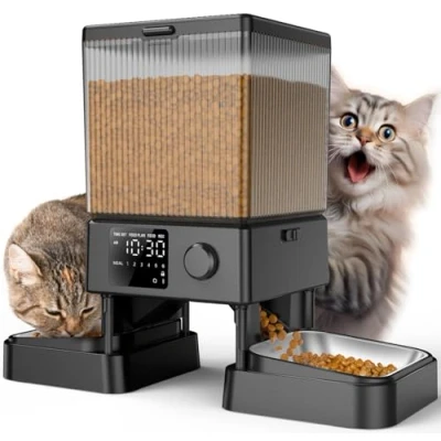 Imagen de oneisall 5L Comedero Automático para Gatos 2 Tazones, con un botón Fácil Operación, Gatos/Perros tazón de Acero Inoxidable, Grabadora Voz