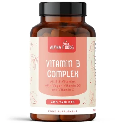 Imagen de Vitamina B Complex 400 comprimidos veganos alta dosis Complejo Completo con vitaminas B1 B2 B5 B6 B12, B7 biotina, B9 ácido fólico, vit C y D3 Apoyo energético e inmunológico Alpha Foods