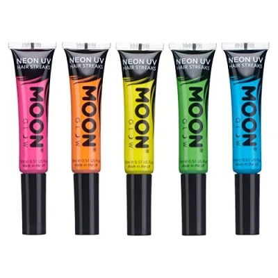 Imagen de Moon Glow Mechas de Color neón UV Máscara para el pelo Tinte temporal lavable brillante, brilla bajo la luz Verde 15 ml (Paquete 5)
