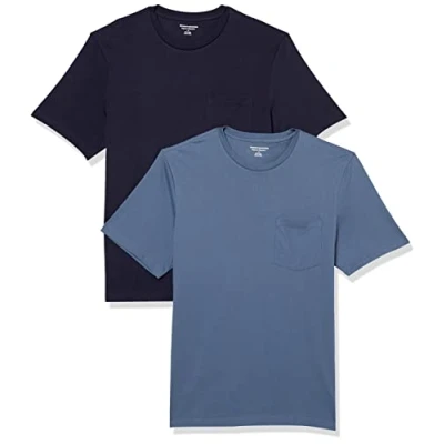 Imagen de Amazon Essentials Camiseta de Manga Corta con Bolsillo, Cuello Redondo y Corte Recto Hombre, Pack 2, Azul Marino/Azul Oscuro, L