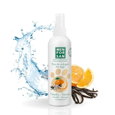 Imagen de MENFORSAN Agua de colonia para perros Vainilla/Naranja Aroma intenso y refrescante Efecto desodorante NO irritan la Piel Ph Neutro 125 ml