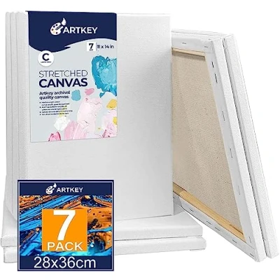Imagen de Lienzo estirado para pintar de 28 x 36 cm, paquete 7 unidades, 300 g/m², triple imprimación, sin ácidos, 100% algodón, lienzos arte en blanco acrílicos, verter pintura al óleo y acuarela