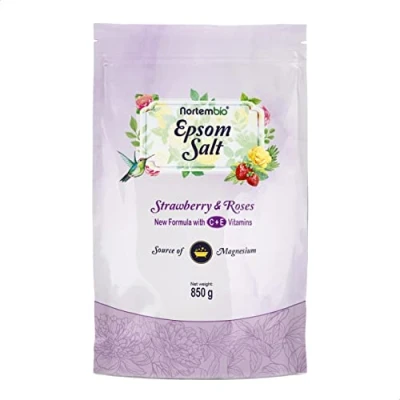 Imagen de Nortembio Sal de Epsom 850 g. Fragancia Fresa y Rosas. Baño Hidratada con Vitamina C E. Relajación Músculos, Aromaterapia Buen Sueño. E Book Incluido.