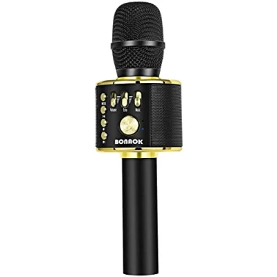 Imagen de BONAOK Wireless Bluetooth karaoke Microphone, 3 in 1 Portable Handheld Mic Birthday Gift Home Party Speaker Machine for iPhone/Android/iPad/Sony, PC Smartphone (Q37 Black Gold)