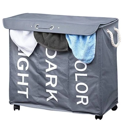 Imagen de Bakaji cesta de ropa sucia 3 compartimentos, para la colada, espacios tela Oxford plegable con ruedas y asas, tamaño 63 x 35 57 cm (gris)