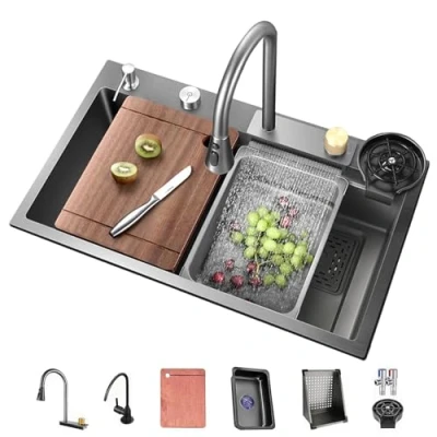 Imagen de Fregadero De Acero Inoxidable Con Nanorrevestimiento Integrado Accesorios Grifo Cascada Temperatura Agua Ajustable Cocina Gran Capacidad(75cm)
