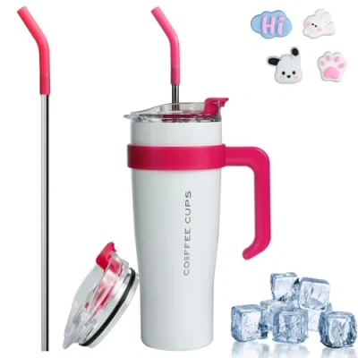 Imagen de Euakee 40oz Taza Termica, 1200mL de Café con Tapa para Coche, Termo Acero Inoxidable, Viaje Antifugas y Cepillo Pajita Sin BPA Regalos Mujer Hombre (Blanco)