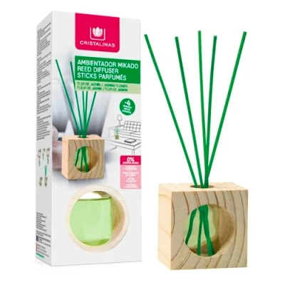 Imagen de CRISTALINAS Ambientador Mikado Cubo de Madera con Varillas ratán Aroma Jazmín 100% Puro Duración + 4 Semanas 30ml 0% Alcohol