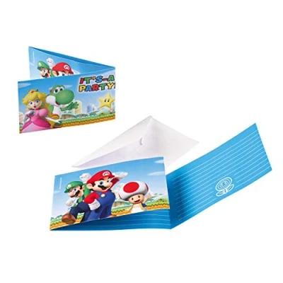 Imagen de AMSCAN EUROPE GMBH Juego de 8 invitaciones y sobres Super Mario Bros para cumpleaños infantil o fiesta temática, tarjetas invitación niños Luigi Toad