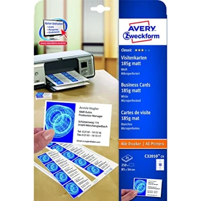 Imagen de Avery Zweckform C32010 25 Paquete de 250 tarjetas visita (85 x 54 mm), color blanco