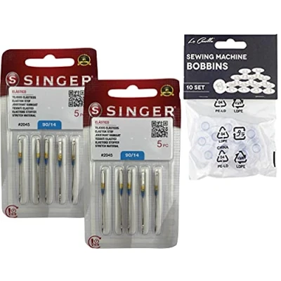 Imagen de Pack de 10 Agujas para Máquinas Coser Singer 2045 Grosor 90/14 Tejidos Jersey (SUK) Elásticos y Punto (Stretch) 130/705 H S (Talón Plano un Lado) Universales + Canillas Transparentes