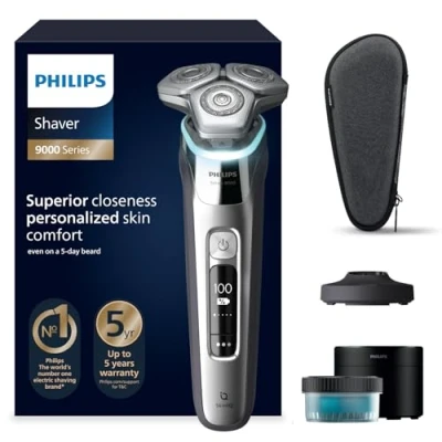 Imagen de Philips Shaver S9000, afeitadora eléctrica Wet &amp; Dry, tecnología Levanta y Corta con SkinIQ, cortapatillas desplegable, Cleaning Pod, soporte de carga, estuche viaje, plateado cromado, S9975/54