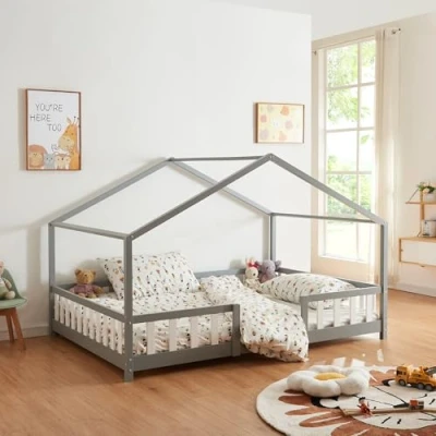 Imagen de [en.casa] Cama para niños Casita Treviolo hasta 150 kg Infantil con Reja Protectora Forma de casa Madera Pino 140 x 200 cm Gris