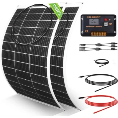 Imagen de ECO WORTHY Kit de panel solar flexible (260 W, 12 V, sistema fuera la red: 2 paneles solares flexibles 130 30 A, pantalla LCD + 5 m, cable para caravana, autocaravana, barco, cabina
