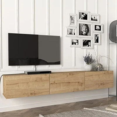 Imagen de [en.casa] Mueble TV Suspendido Mesa Flotante con 3 Compartimientos Puertas Abatibles Aglomerado 180 x 31 30 cm Roble