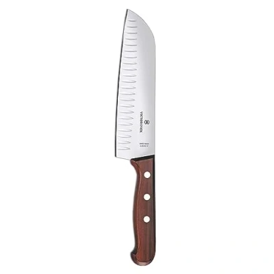 Imagen de Victorinox Wood, cuchillo Santoku profesional, hoja extra afilada, filo biselado, 17 cm, elegante mango de madera, acero inoxidable, marrón