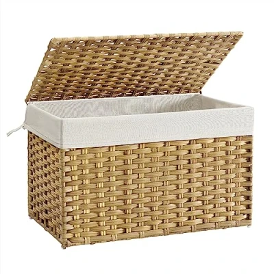 Imagen de SONGMICS cesta de almacenamiento, ropa sucia 105L con tapa, plegable, bolsas tela extraíbles y asas, para mantas, ropa, sala estar, dormitorio, lavandería, color madera RST066N01