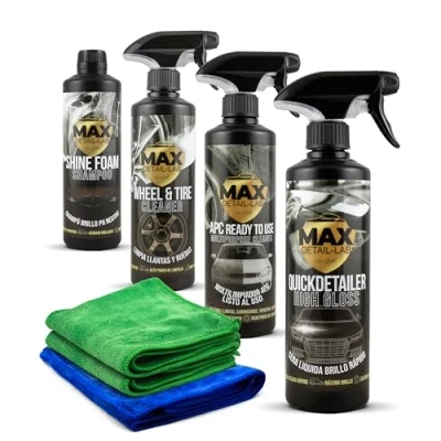 Imagen de MAX DETAIL LAB Exterior Pack Kit Limpieza Coche con Accesorios Microfibras, Limpia Llantas Iron Cleaner, Champú Espuma Activa, Quickdetailer, APC, Detailing Profesional Moto