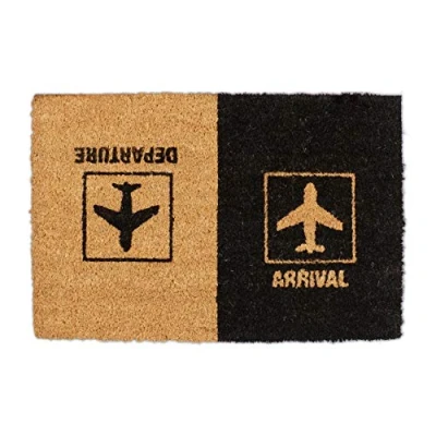 Imagen de Relaxdays Felpudo Coco, Arrival Departure, Alfombrilla Puerta Entrada, Diseño Aeropuerto, 40 x 60 cm, Negro y Marrón, 1 Unidad