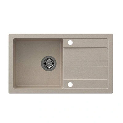 Imagen de VBChome Fregadero de 77 x 44 cm granito beige para empotrar, superficie drenaje moteada, reversible, compuesto + sifón dispensador detergente