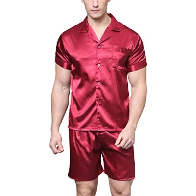 Imagen de Conjunto de pijama satén manga corta para hombre con pantalones cortos, granate, L