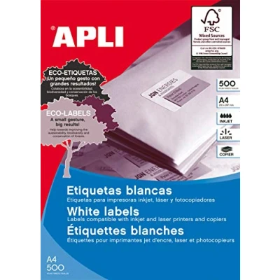 Imagen de APLI 10561 Etiquetas blancas permanentes adhesivas imprimibles, Inkjet Laser Copy, tamaño etiqueta 99,1 x 34 mm, cantos romos, pack de 500 hojas A4 (8000 etiquetas), Ideal para sobres