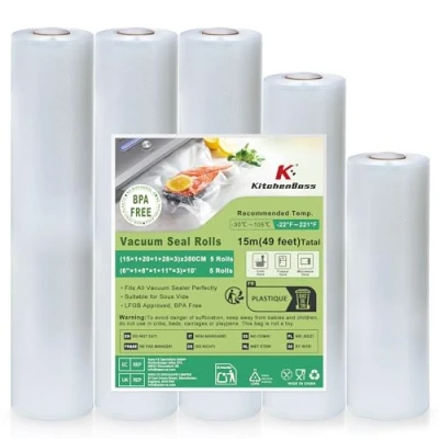 Imagen de KitchenBoss Bolsas Vacío para Alimentos：5 Rollos Vacio Alimentos 28x3/20x1/15x1/300 cm, Envasadora al Sous Vide Cocina y Maquina de