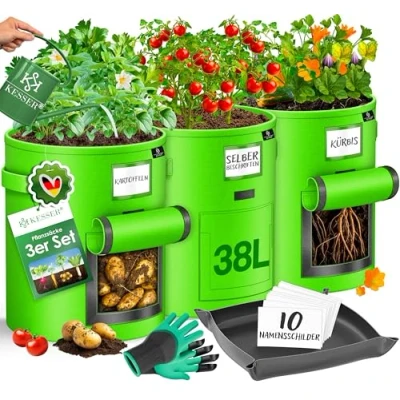 Imagen de KESSER® Saco para Sembrar Patatas 38 litros Set en 3, Vellón con Etiquetas, Ventana y Asas, Lavable, Guantes Alfombrilla de Trabajo, Verde