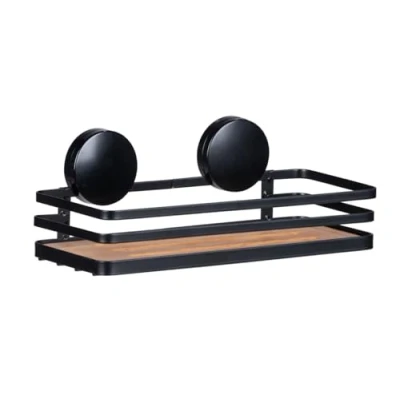Imagen de WENKO Estantería de ducha para colgar Alba Static Loc® WENKO, jabonera acero lacado y bambú sostenible, fijación sin taladro, sujeción por adherencia estática, 26,5 x 12,5 11 cm, negro/natural