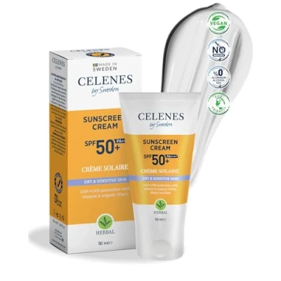 Imagen de Celenes by Sweden Protector Solar SPF50+ para Piel Seca y Sensible Filtros Minerales Orgánicos, Aceite de Aguacate, Vitamina E, Resistente al Agua, Sin Residuos, Parabenos, Vegano, 50ml